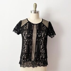 Express Lace Mesh Blouse Black Short Sleeve Sheer Polka Dot Panel Top S